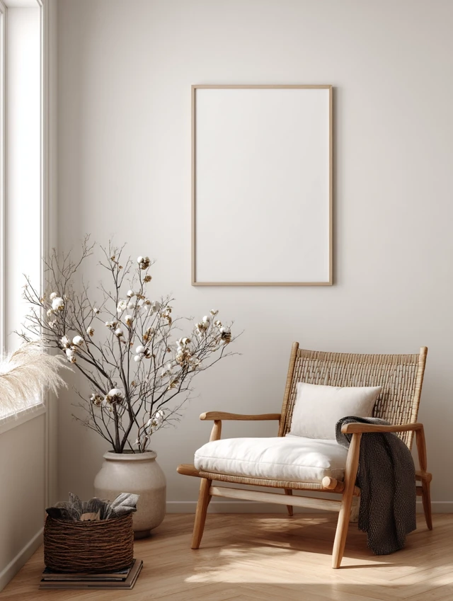 Japandi Living Room with Blank Frame Decor