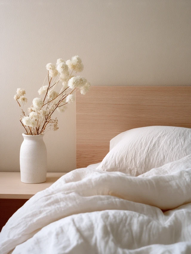 Calming Bedroom Corner with Linen Sheets and Flowers