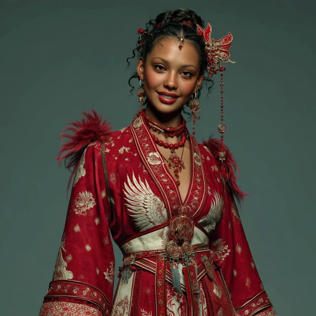 Young Woman in Red Hanfu Costume 3D Render