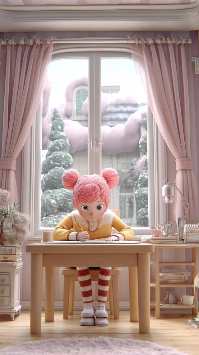 Girl Writing and Reading at Desk C4D Style