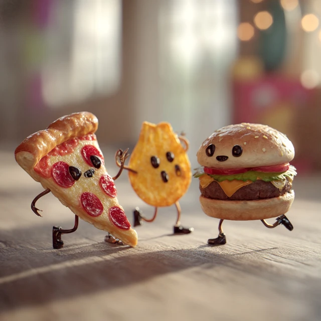 Dancing Pizza Burger and Chip Food Cartoon Fun