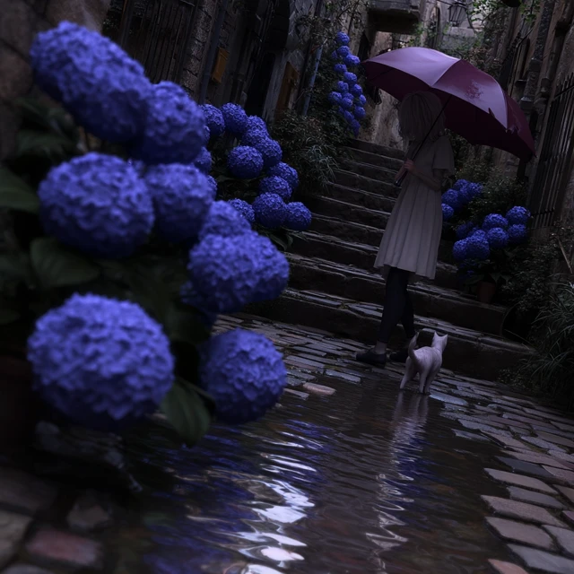 Rainy Alleyway Girl Hydrangeas and a Cat