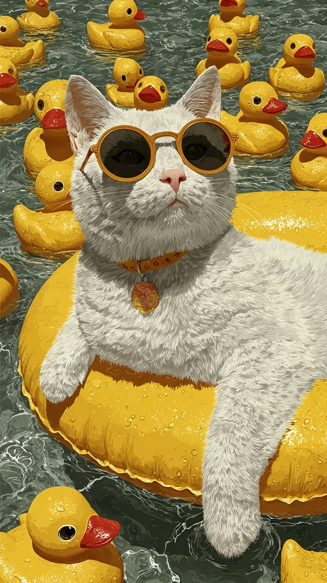 Kawaii Cat in Sunglasses Relaxing in the Pool