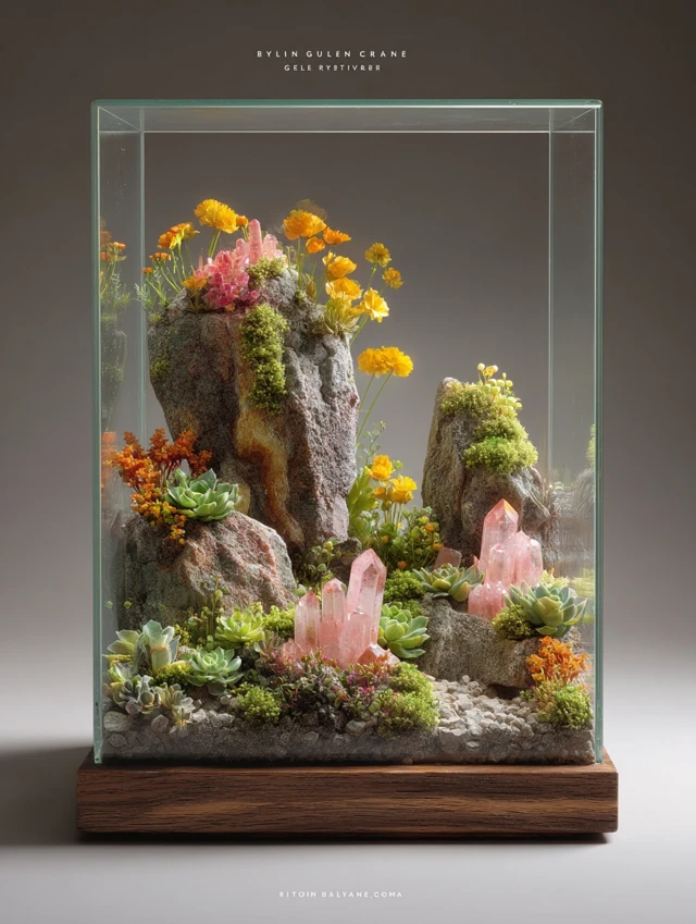 Miniature Terrarium with Crystals and Plants