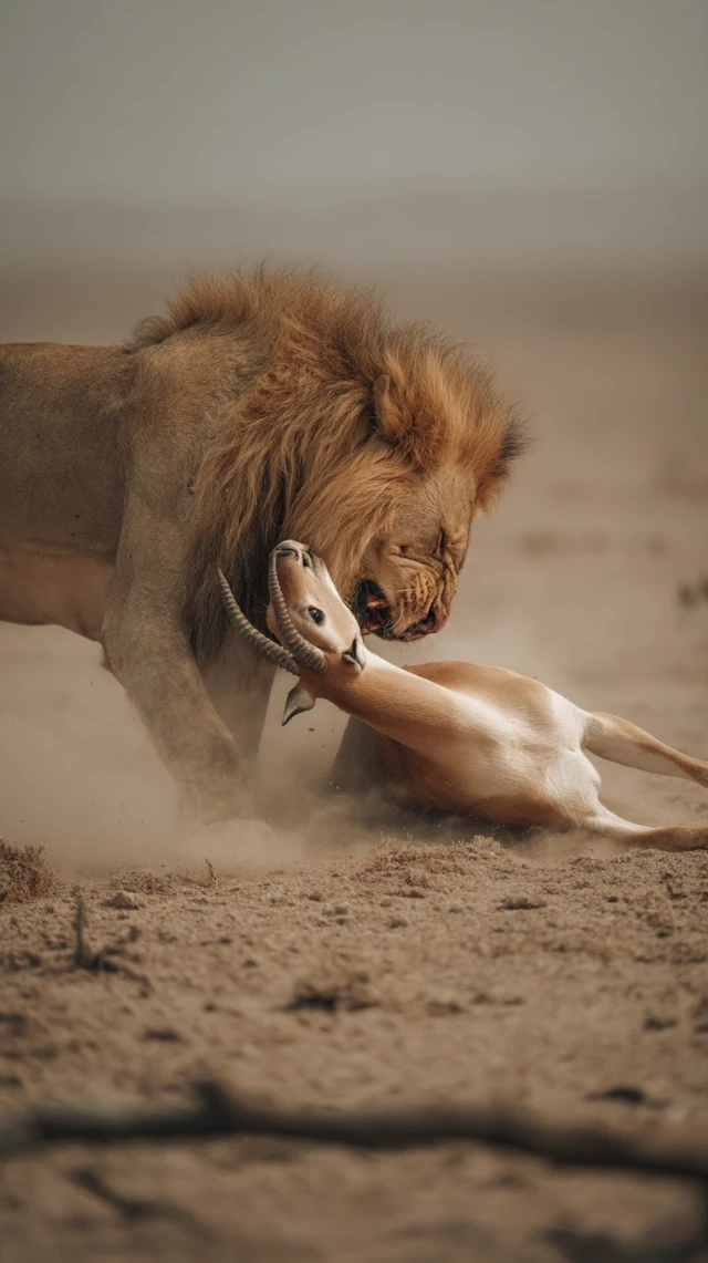 Lion Attacks Gazelle on the Savannah Dramatic Close Up