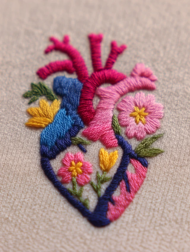 Embroidered Anatomical Heart Floral Design