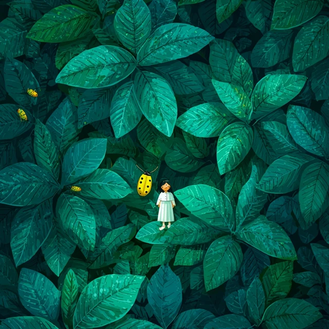 Girl in a green forest with a yellow beetle