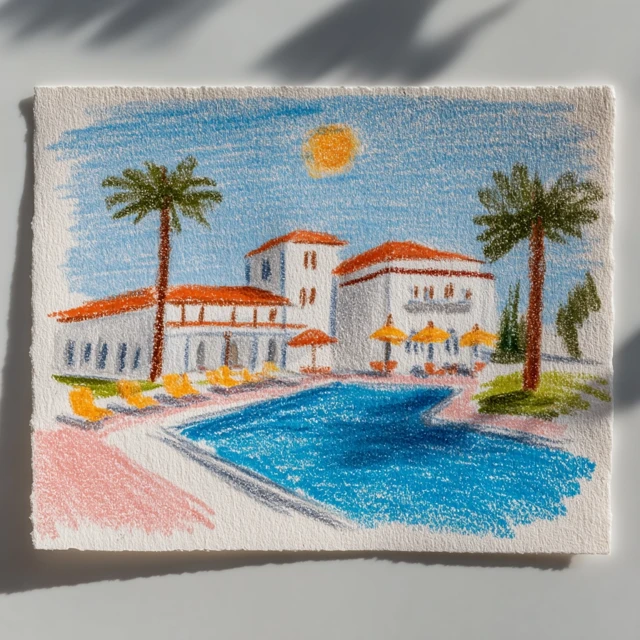 Hotel and Pool Crayon Drawing