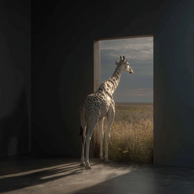 Hyperrealistic White Giraffe at Boundary Between Room and Savannah
