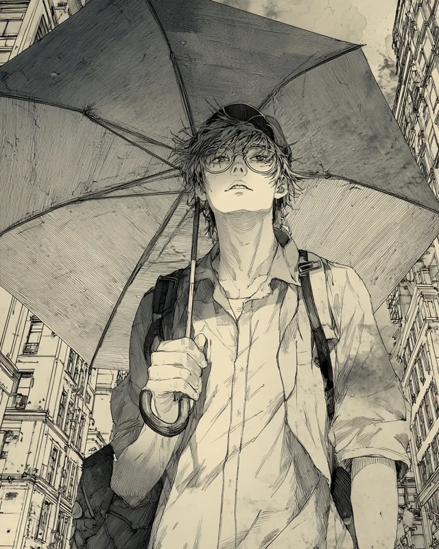 Anime Inspired Male with Umbrella Street Illustration