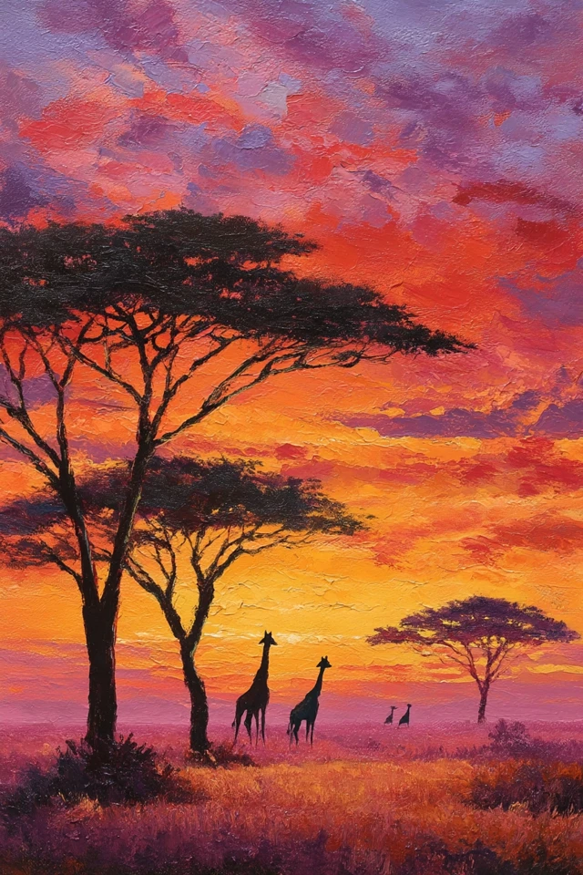 African Savannah Sunset Painting Giraffes Acacia Trees