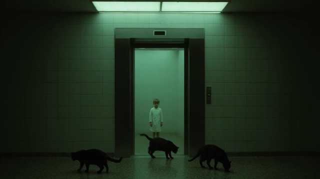 Boy in Elevator with Black Cats: Mysterious Scene