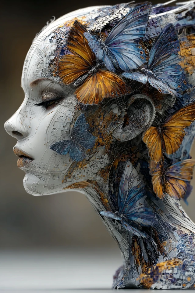 Surreal Woman Sculpture with Butterflies Art