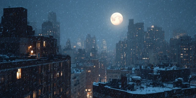 New York City Rooftop Winter Night Snowfall