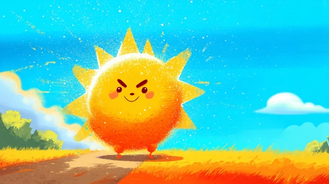 Smiling Sun Cartoon Illustration in a Blue Sky
