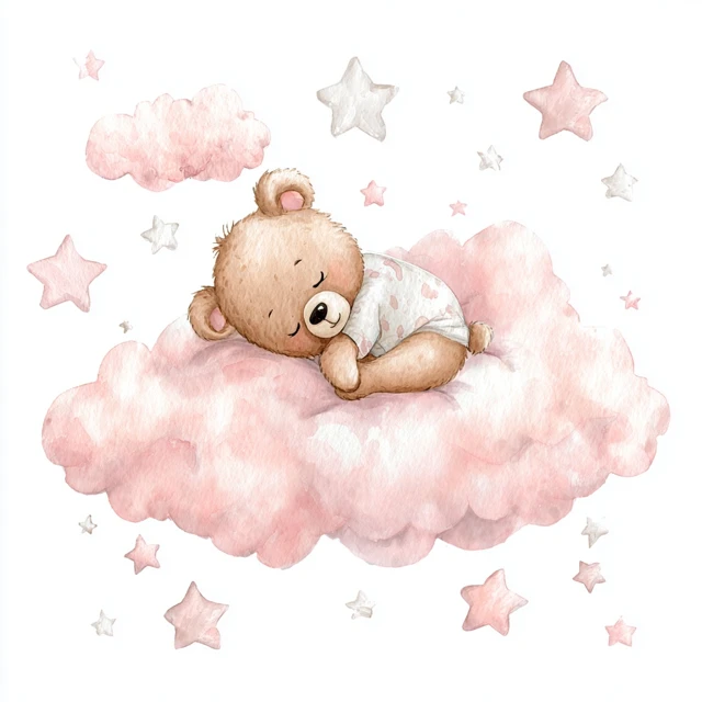 Baby Bear Sleeping on a Cloud Watercolor Art