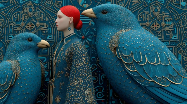 Red Haired Girl and Blue Magpies 3D Art