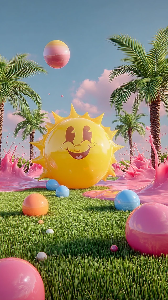 Surreal Summer Scene with Inflatable Sun and Beach Balls