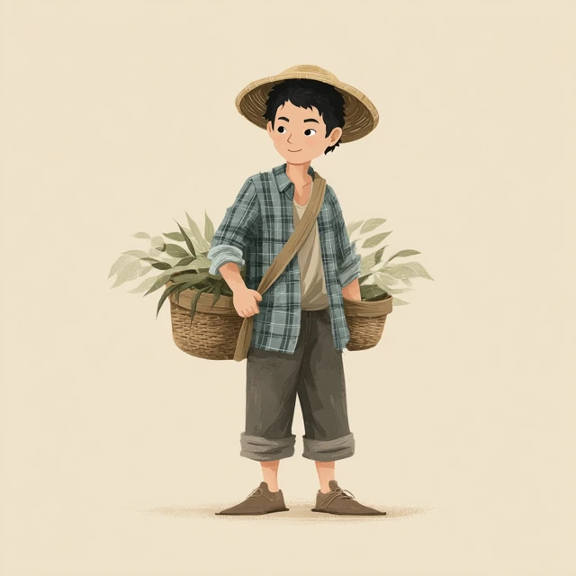 Asian Farmer With Bamboo Basket Illustration