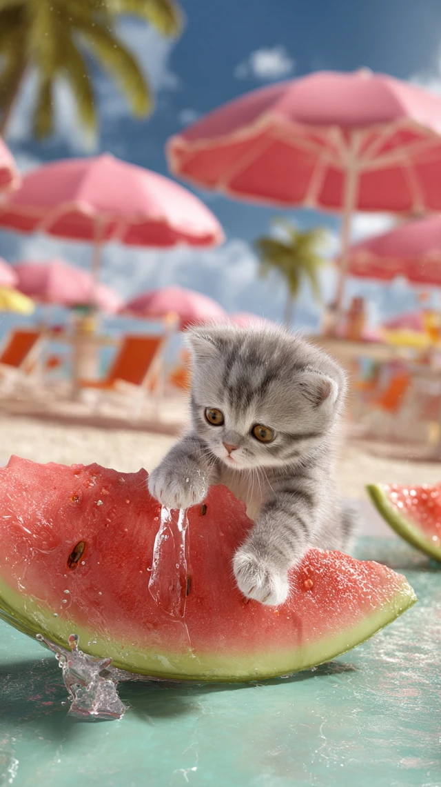 Cute Kitten and Watermelon Beach Cafe