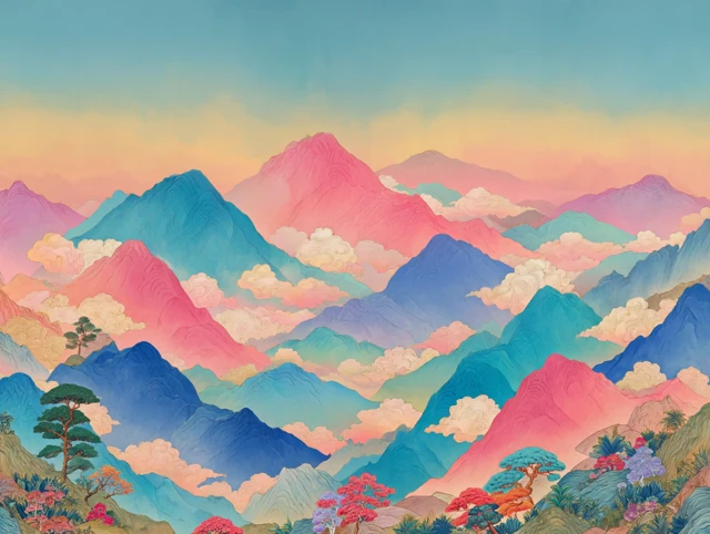 Dreamlike South Korean Mountain Range Illustration
