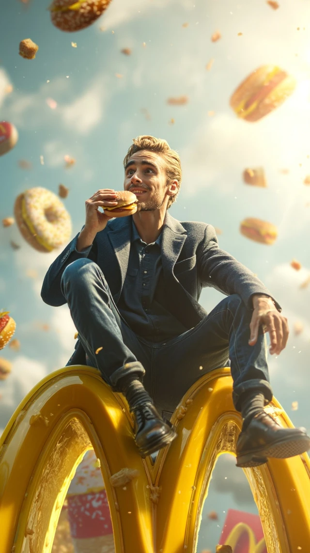 Surreal McDonald''s Scene Man Eating Burger
