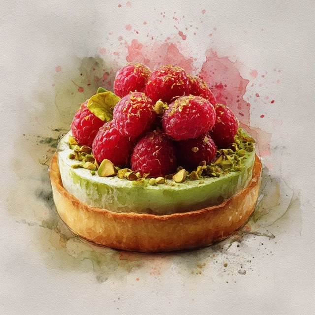 Pistachio Raspberry Tart Watercolor Art