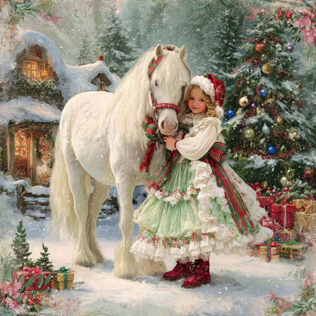 Christmas Countryside Scene Girl and White Horse