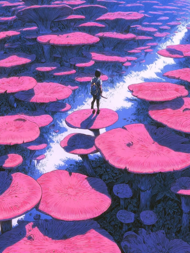 Anime Art Miniature Man on Mushroom Field Fantasy