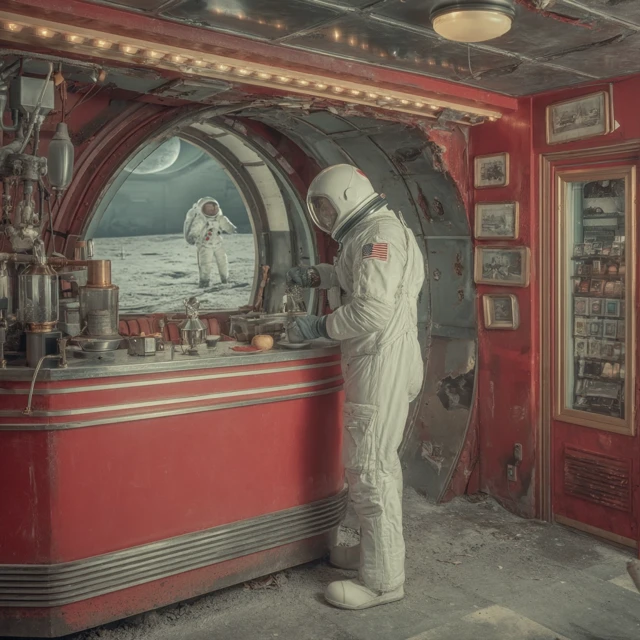 Astronaut Barista in a Retro Spaceship Coffee Shop