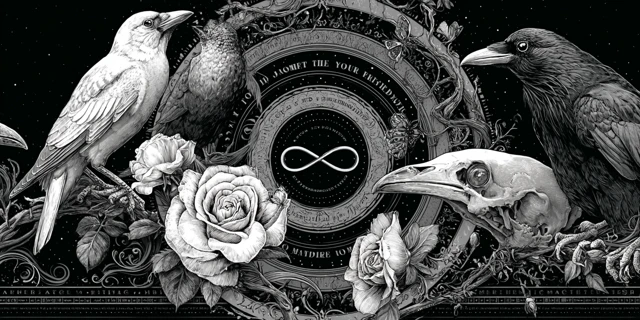 Black and White Illustration of Crows and Roses
