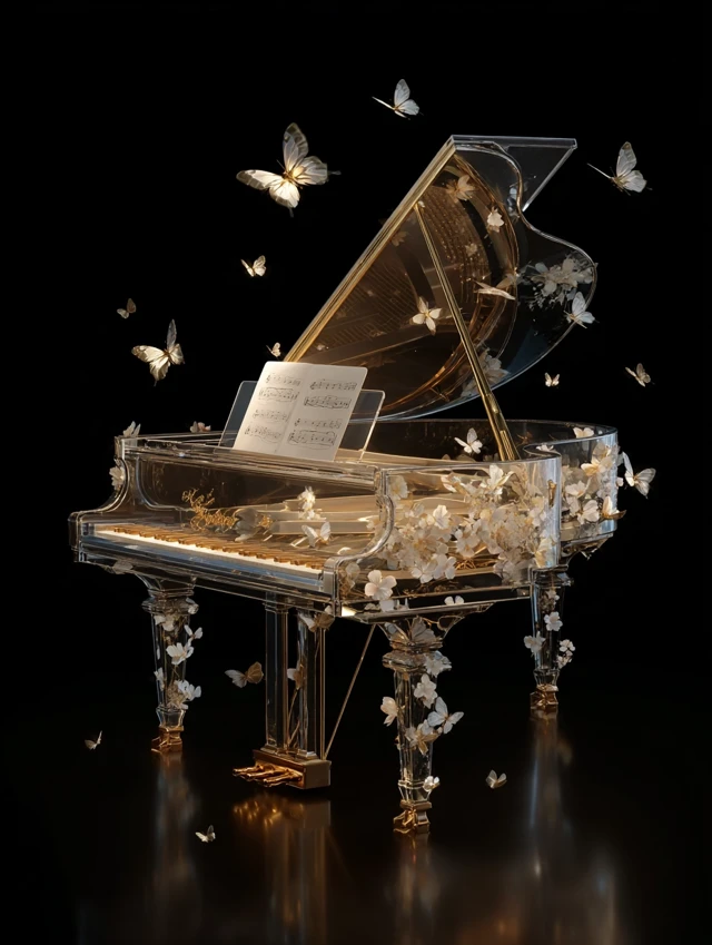 Glass Piano with Golden Flowers and Butterflies