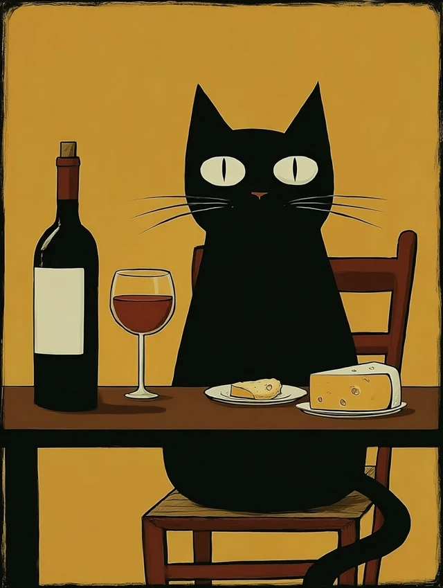 Grumpy Cat with Wine and Cheese Minimalist Illustration