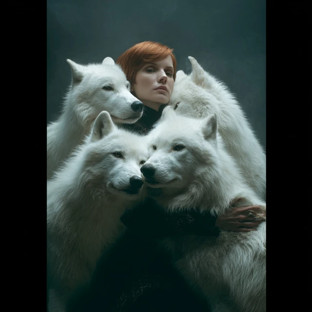 Woman Embracing Snow Wolves Cinematic Photo