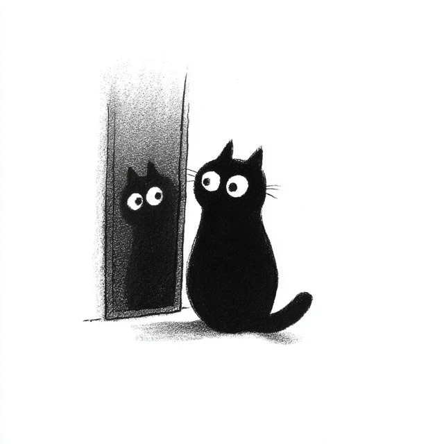 Black Cat in Mirror Minimalist Cartoon Illustration