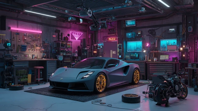 Synthwave Garage Workshop Futuristic Car and Motorcycle