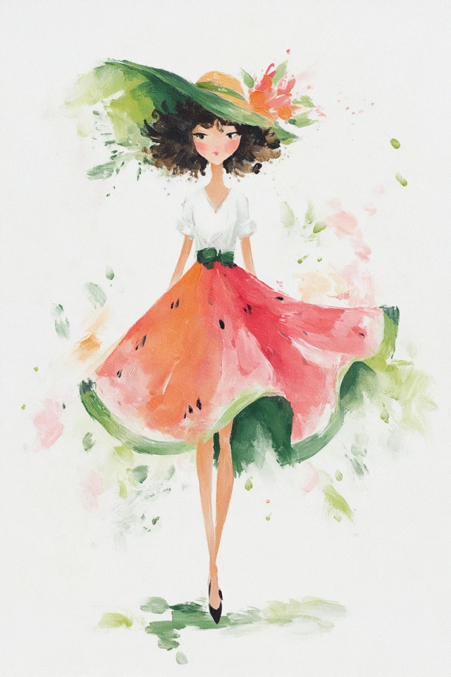 Watermelon Girl Oil Painting Whimsical Cartoon Art