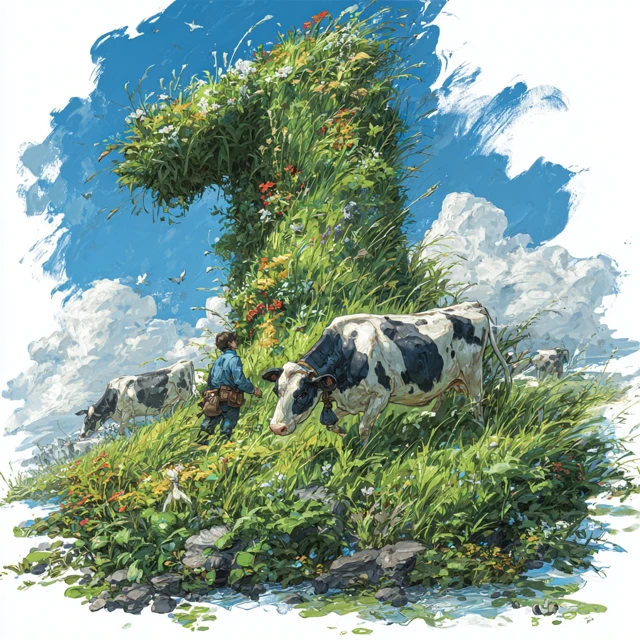 Number One in a Field with Cows and Farmer