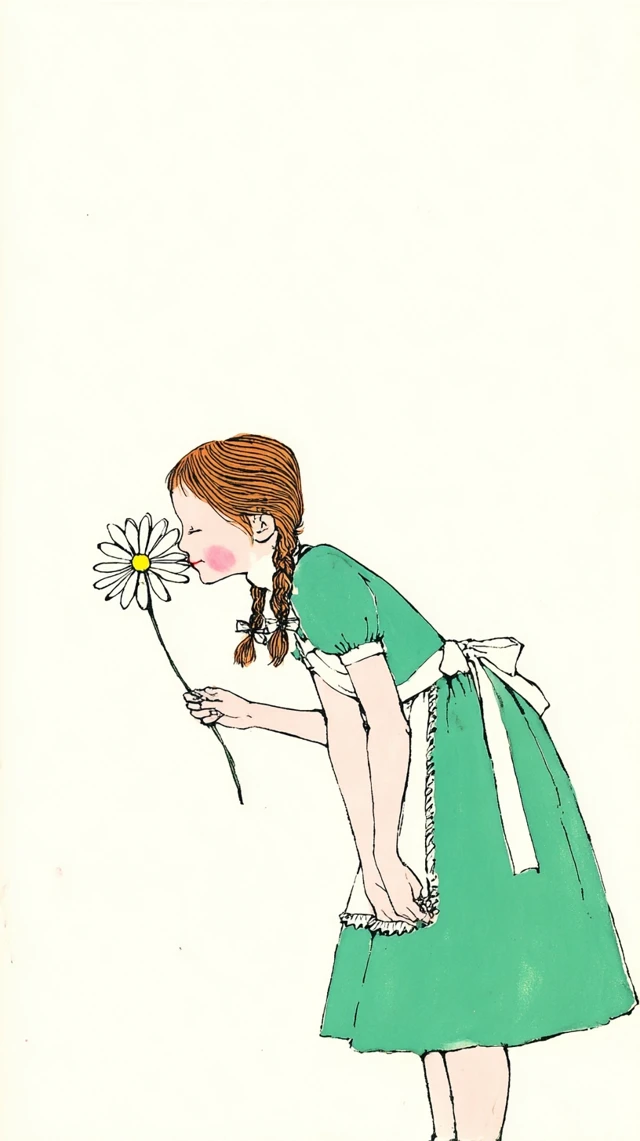 Vintage Girl Smelling Daisy Illustration