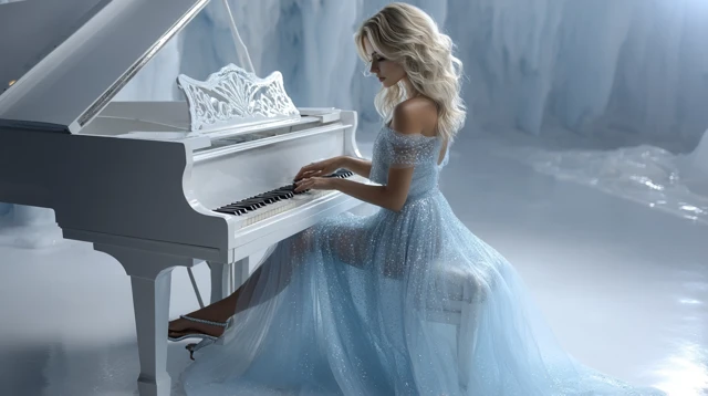 Woman Plays Piano in Ice Palace Elegant Gown