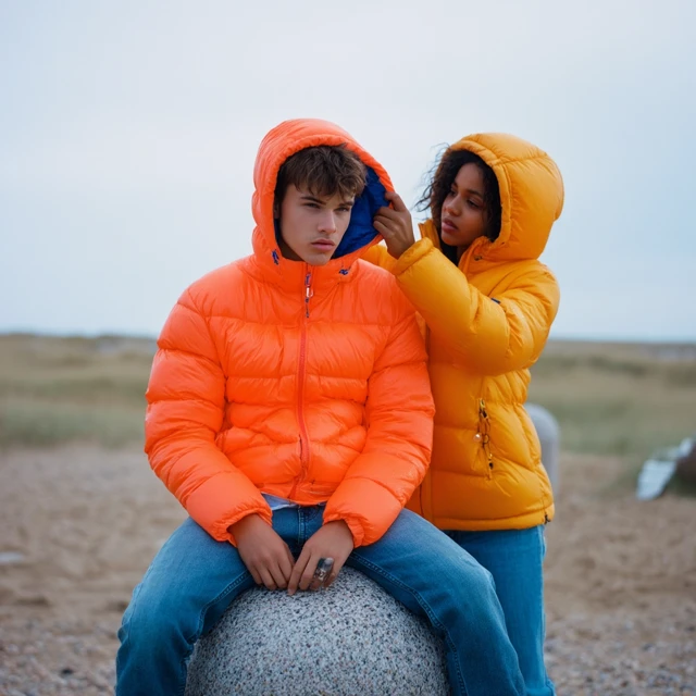 Young Couple on Beach: Bright Jackets and Rainy Day