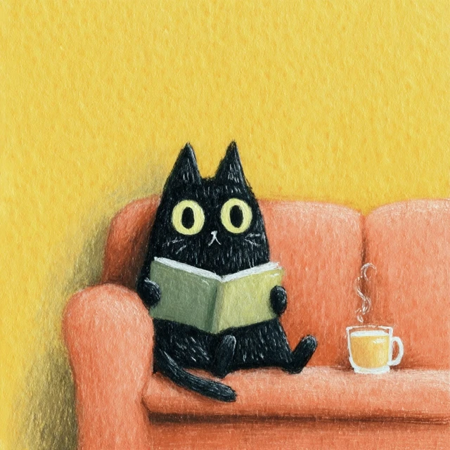 Black Cat Reading Book Relaxing on Couch