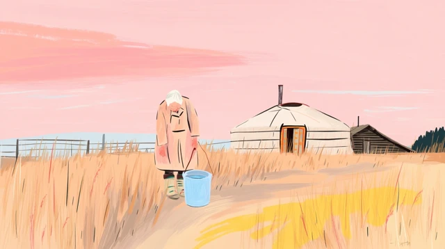 Mongolian Yurt Scene Mother and Bucket