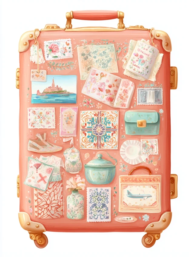Vintage Suitcase with Moroccan Patterns and Travel Stickers