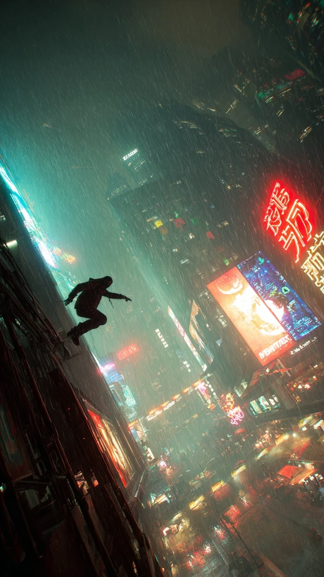 Cyberpunk Rooftop Dive Futuristic City Night