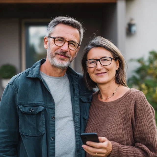 Happy Couple Standing in Front of Their House