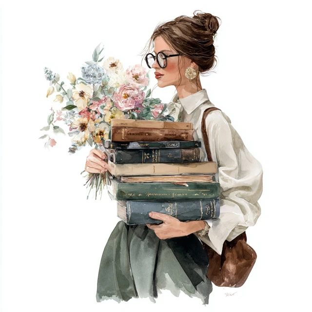 Watercolor Woman with Books and Flowers Academia Style