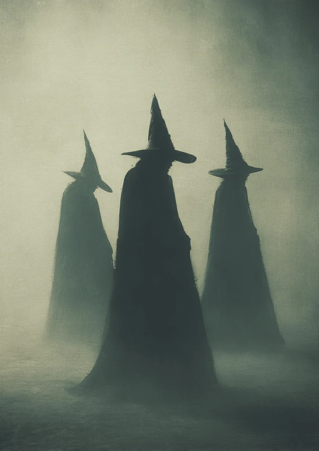 Three Witches in Fog Moody Oil Painting