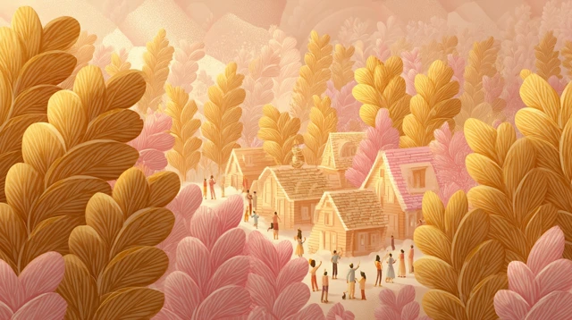 Utopian Village Cartoon Abundance and Peace
