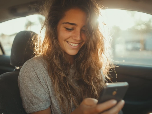 Young Woman Smiling at Phone in Car